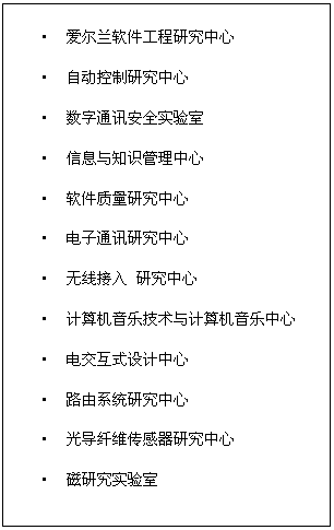 文本框: ?	爱尔兰软件工程研究中心   ?	自动控制研究中心   ?	数字通讯安全实验室   ?	信息与知识管理中心   ?	软件质量研究中心   ?	电子通讯研究中心  ?	无线接入 研究中心  ?	计算机音乐技术与计算机音乐中心   ?	电交互式设计中心   ?	路由系统研究中心   ?	光导纤维传感器研究中心  ?	磁研究实验室       