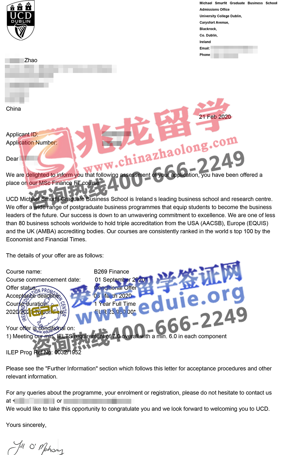 赵lanxin爱尔兰UCD金融专业硕士offer-北京兆龙留学.jpg